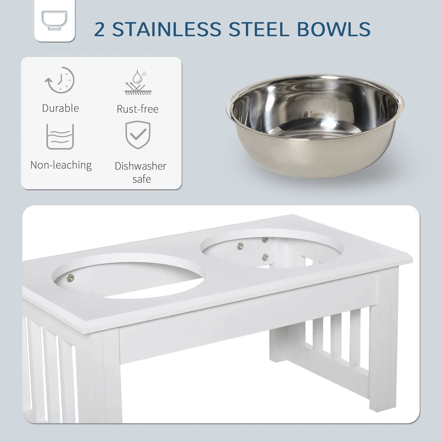 Elevated Dog Bowls & Dog Food Stand Pet Feeding Station W/ Stainless Steel White