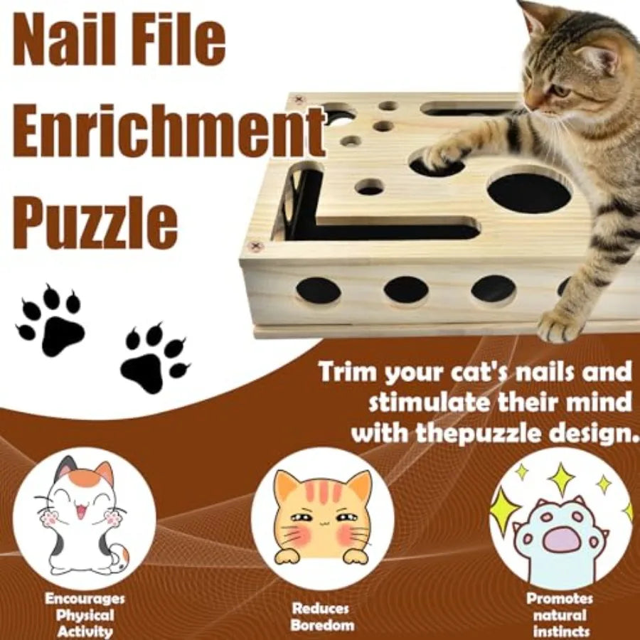 Reinforced Cat Nail File Scratcher Box with 8 Screws Wooden Enrichment Puzzle Toy for Indoor Cats Sandpaper Claw Care Furniture