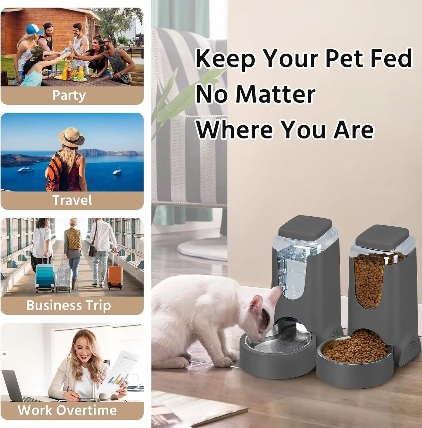 2-Pack Automatic Cat Feeder & Stainless Steel Water Dispenser for Small Medium Pets, 1 Gallon x 2, Gray - Barking & Purrfectly Happy