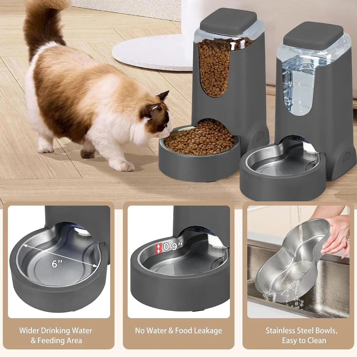 2-Pack Automatic Cat Feeder & Stainless Steel Water Dispenser for Small Medium Pets, 1 Gallon x 2, Gray - Barking & Purrfectly Happy