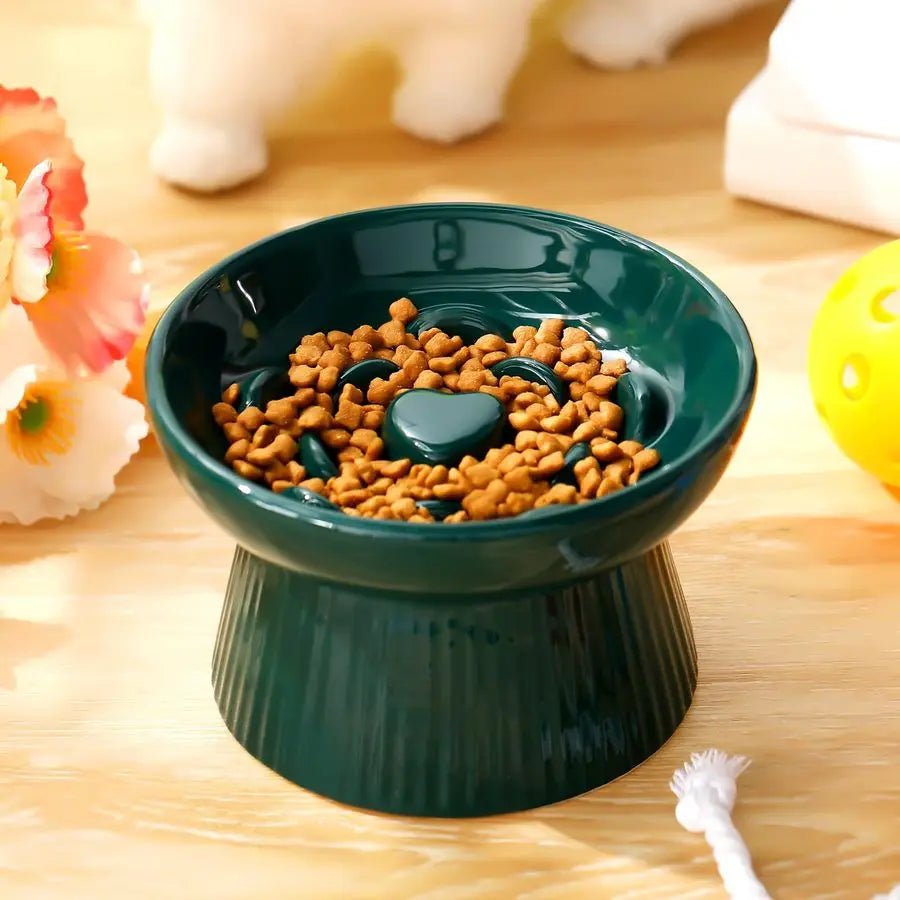2 Pcs Raised Cat Slow Feeder Bowl Ceramic Elevated Cat Dog Food Bowl No Spill High Edge for Dry Wet Food and Water Easy to Clean - Barking & Purrfectly Happy