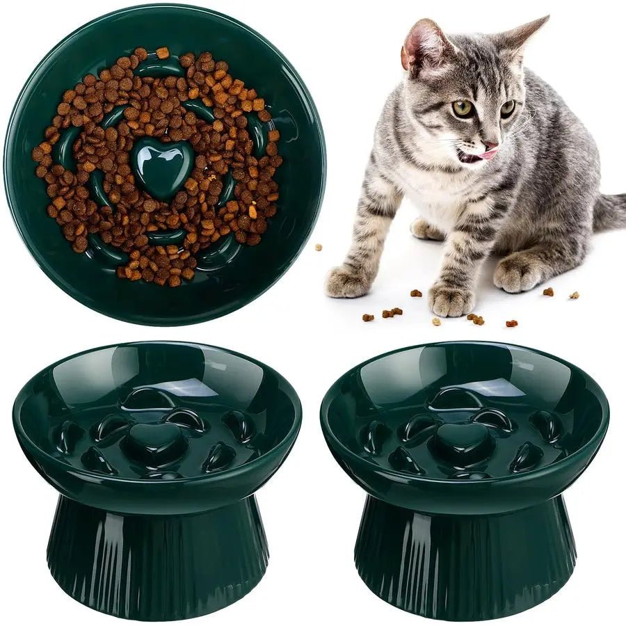 2 Pcs Raised Cat Slow Feeder Bowl Ceramic Elevated Cat Dog Food Bowl No Spill High Edge for Dry Wet Food and Water Easy to Clean - Barking & Purrfectly Happy