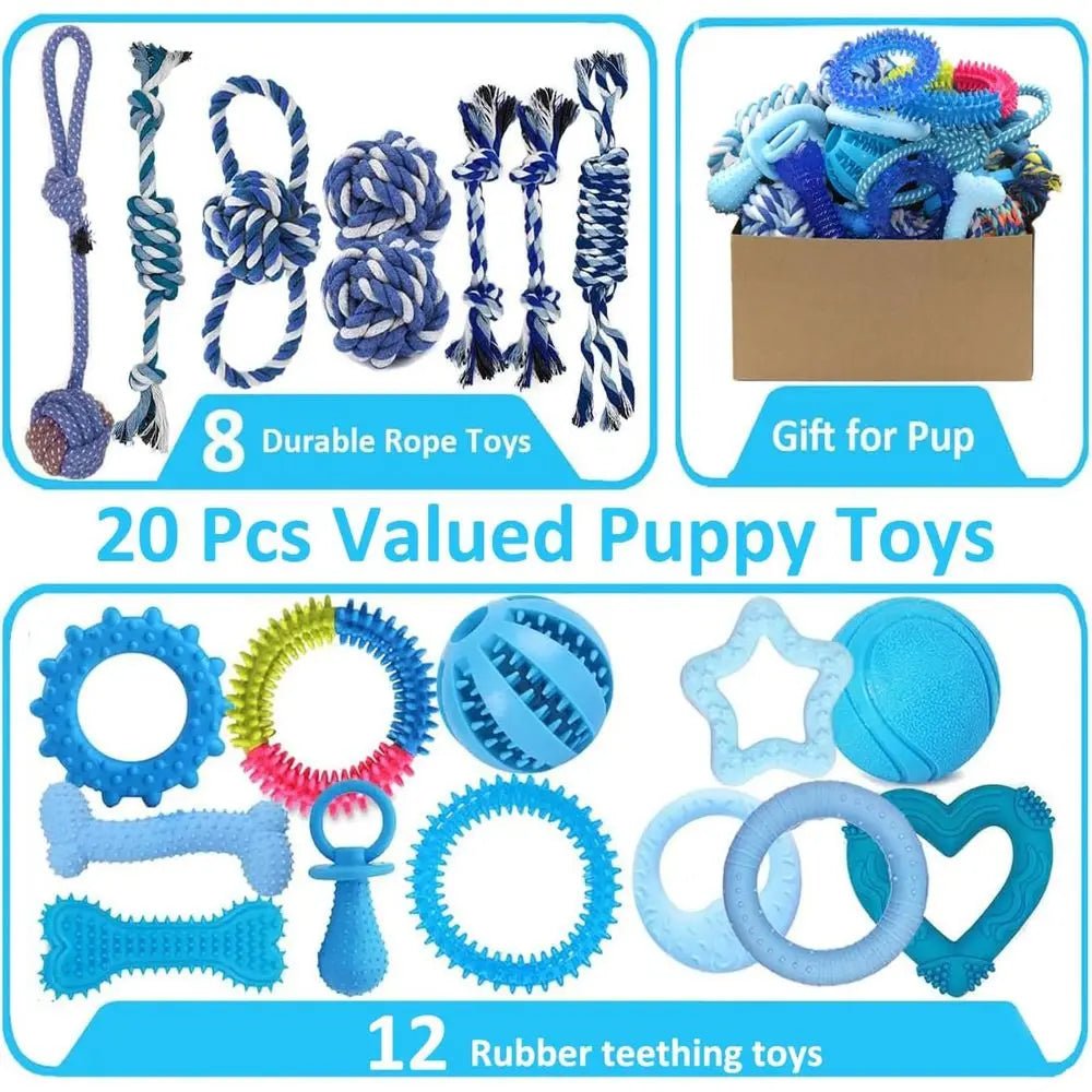 20 Pack Puppy Chew Toys - Blue Dog Teething Toys for Puppies, Teething Rings and Ropes, Rubber Toy Bundle for Small Dogs, Cute I - Barking & Purrfectly Happy