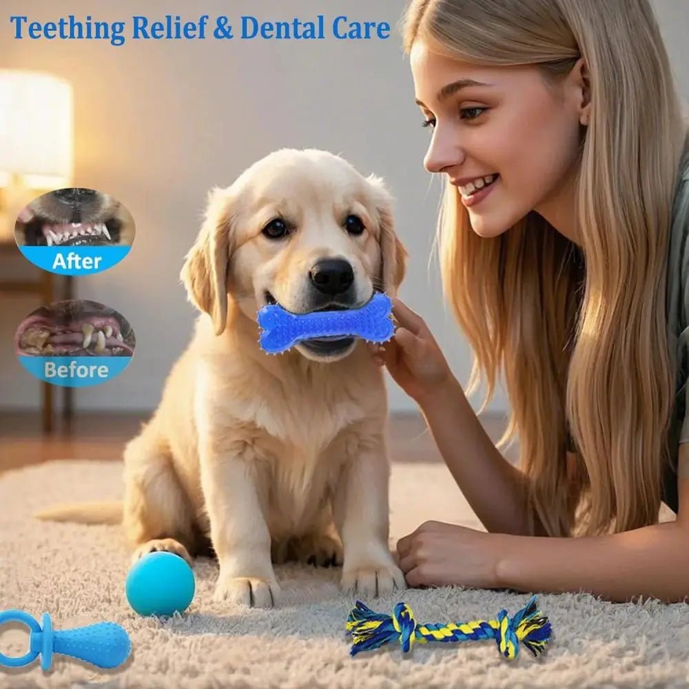 20 Pack Puppy Chew Toys - Blue Dog Teething Toys for Puppies, Teething Rings and Ropes, Rubber Toy Bundle for Small Dogs, Cute I - Barking & Purrfectly Happy