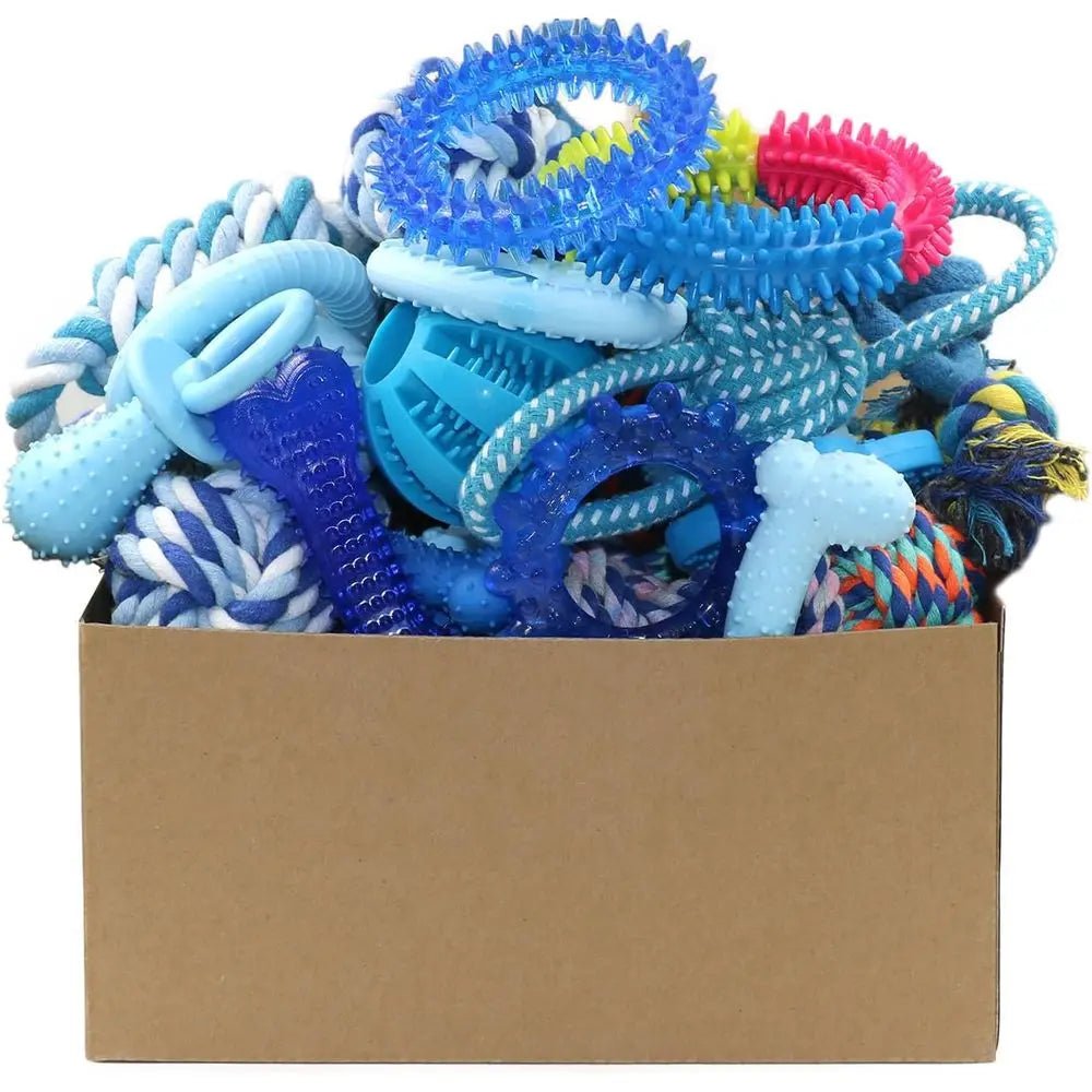 20 Pack Puppy Chew Toys - Blue Dog Teething Toys for Puppies, Teething Rings and Ropes, Rubber Toy Bundle for Small Dogs, Cute I - Barking & Purrfectly Happy