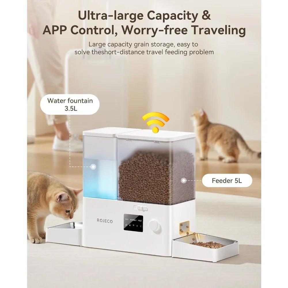 36Cups/8.5L WiFi Automatic Cat Feeder & Water Dispenser, Stainless Steel Bowls, 2-in-1, Large Capacity, APP Control, for Pets - Barking & Purrfectly Happy