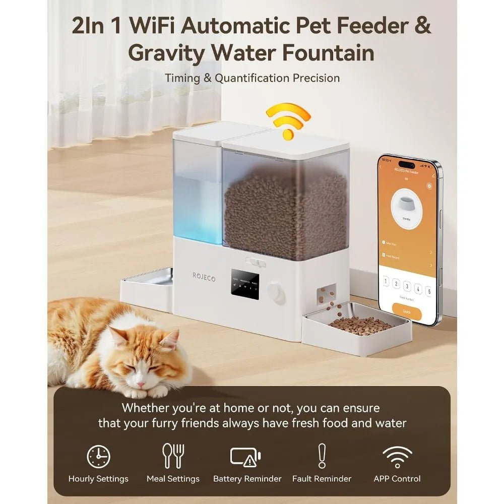 36Cups/8.5L WiFi Automatic Cat Feeder & Water Dispenser, Stainless Steel Bowls, 2-in-1, Large Capacity, APP Control, for Pets - Barking & Purrfectly Happy
