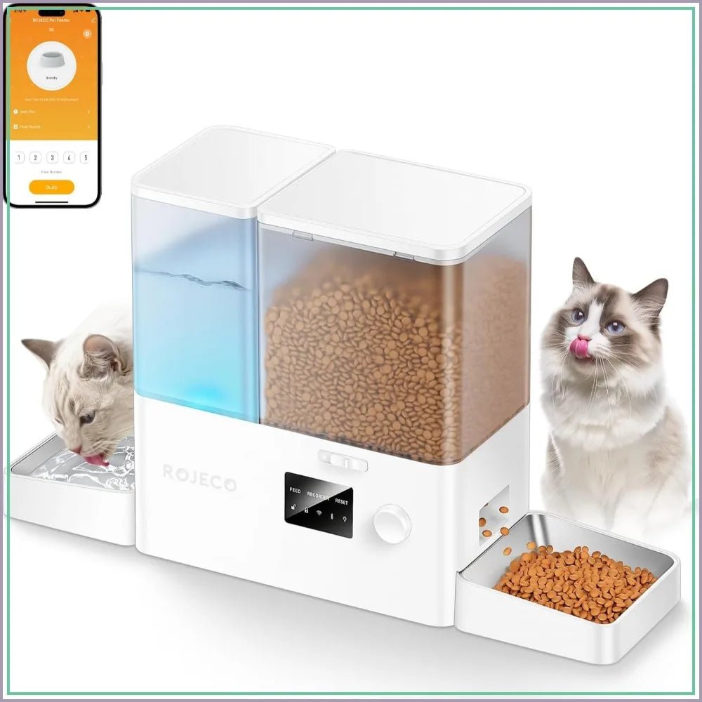 36Cups/8.5L WiFi Automatic Cat Feeder & Water Dispenser, Stainless Steel Bowls, 2-in-1, Large Capacity, APP Control, for Pets - Barking & Purrfectly Happy