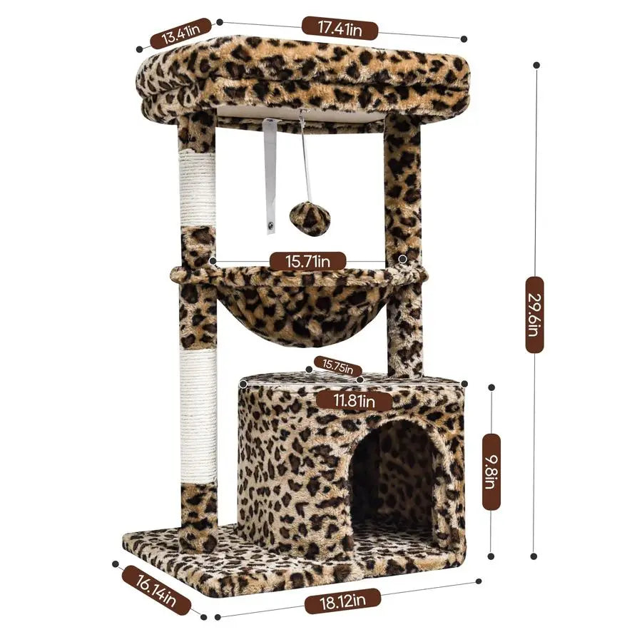 Small Leopard Print Cat Tree for Indoor Cats, Cat Tower with Scratching Post, Modern Cat House with Padded Perch, Kittens Condo