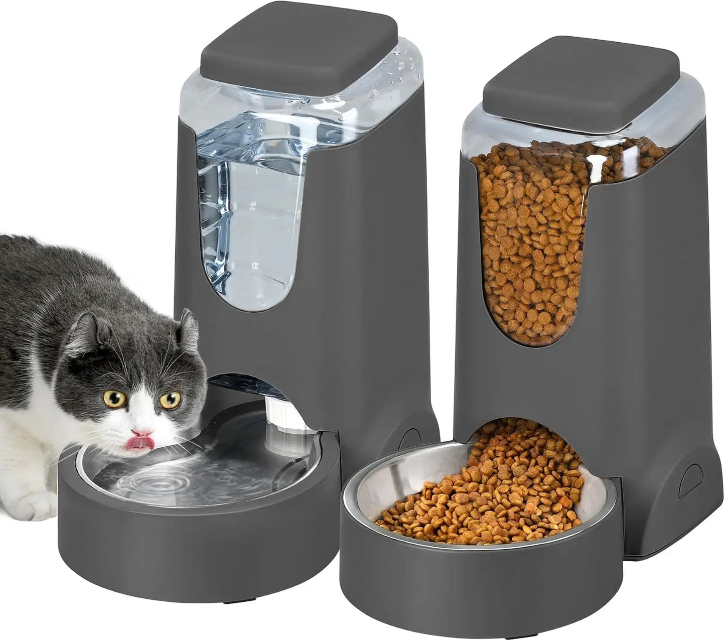 2-Pack Automatic Cat Feeder & Stainless Steel Water Dispenser for Small Medium Pets, 1 Gallon x 2, Gray