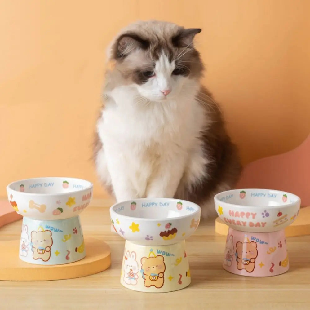 Food Dispenser Ceramic Cat Bowl Cute Creative Dog Food Feeding Basin Non-slip Anti Tipping Pet Drinking Feeder Neck Protection
