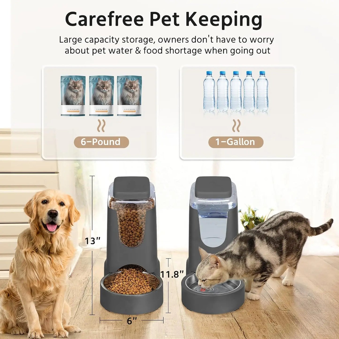 2-Pack Automatic Cat Feeder & Stainless Steel Water Dispenser for Small Medium Pets, 1 Gallon x 2, Gray