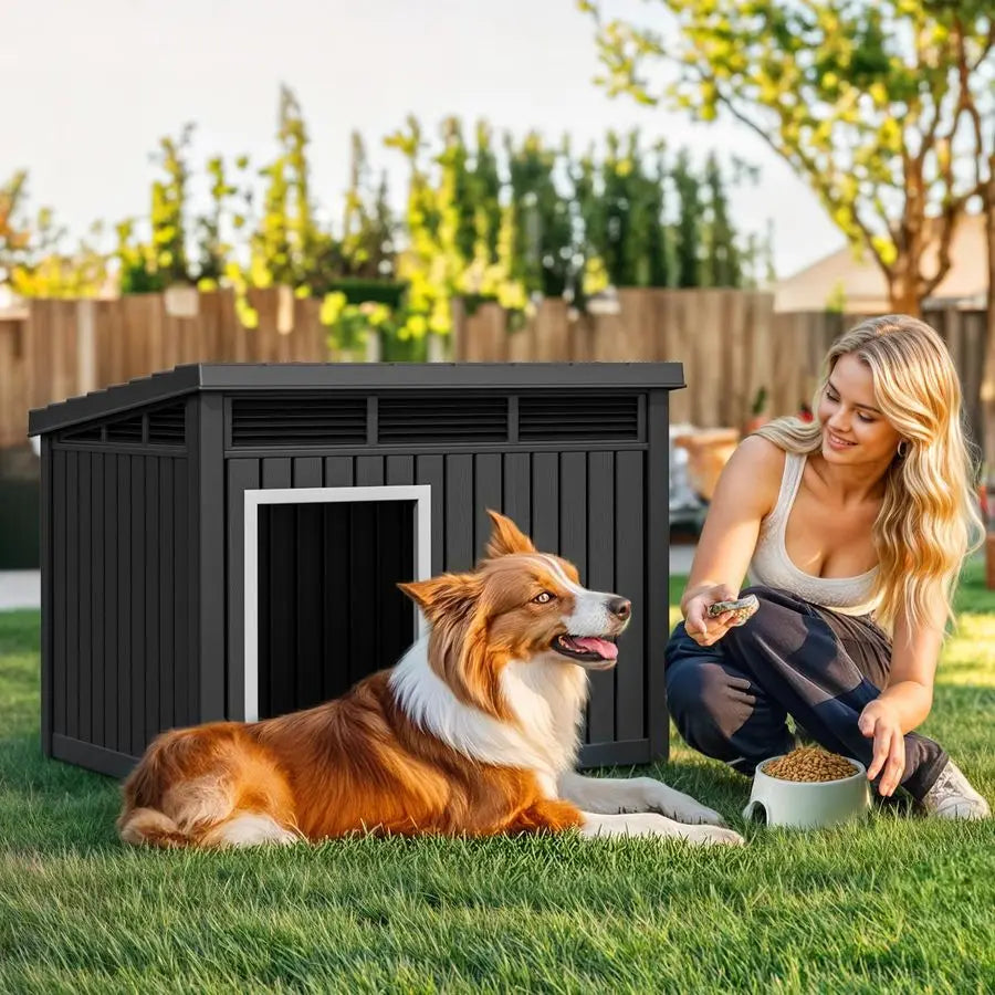 Plastic Dog House, Indoor amp Outdoor Dog Kennel with LiftUp Sloping Roof, Waterproof amp Ventilated for Small to Medium Dogs, E
