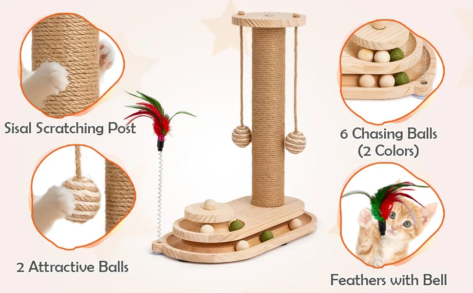 Sisal Cat Scratching Post for Indoor Cats with 2-Tier Ball Track, Interactive Kitten Toy Set with Teaser Wand and Rolling Balls