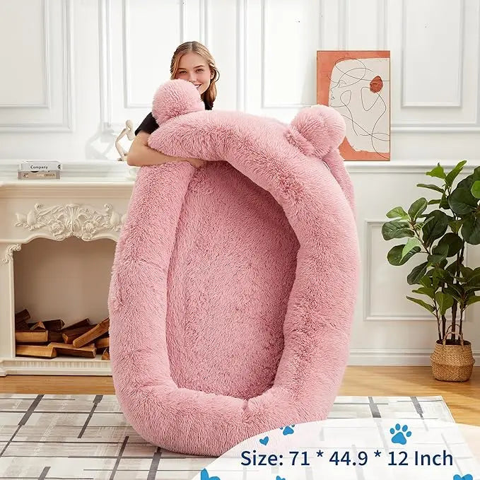 Portable Dog Bed with Removable Faux Fleece Cover/Matching Blanket, Large Washable Dog Mattress with 2 Storage Pockets