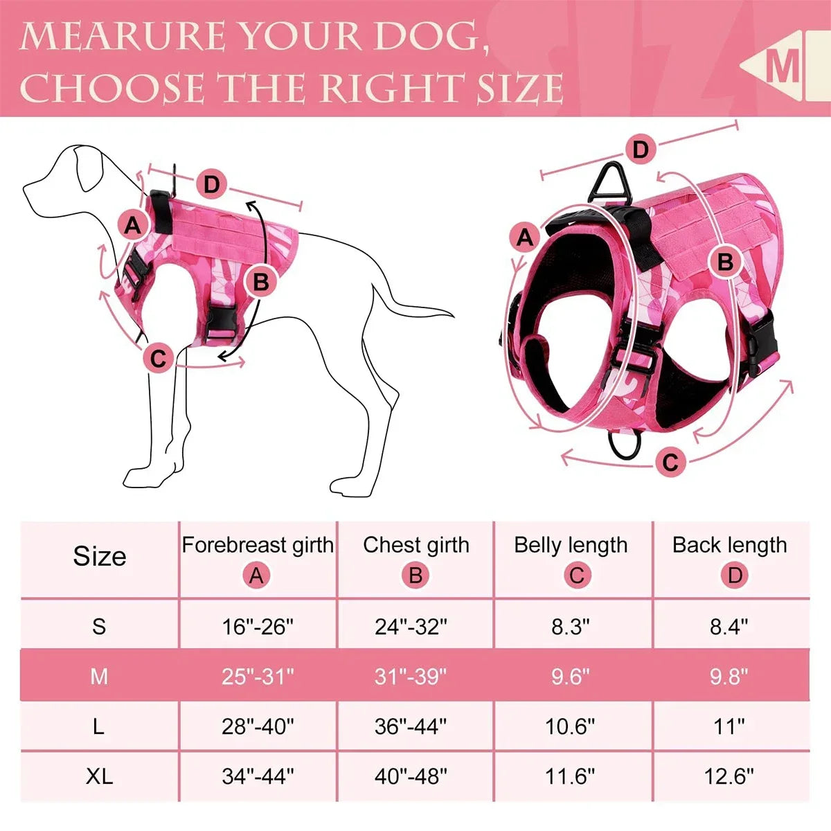 Pink Camo Dog Harness Service Dog Vest for Large Breed Dogs Adjustable Molle Vest Molle Vest with Patchs Hook and Loop Panel