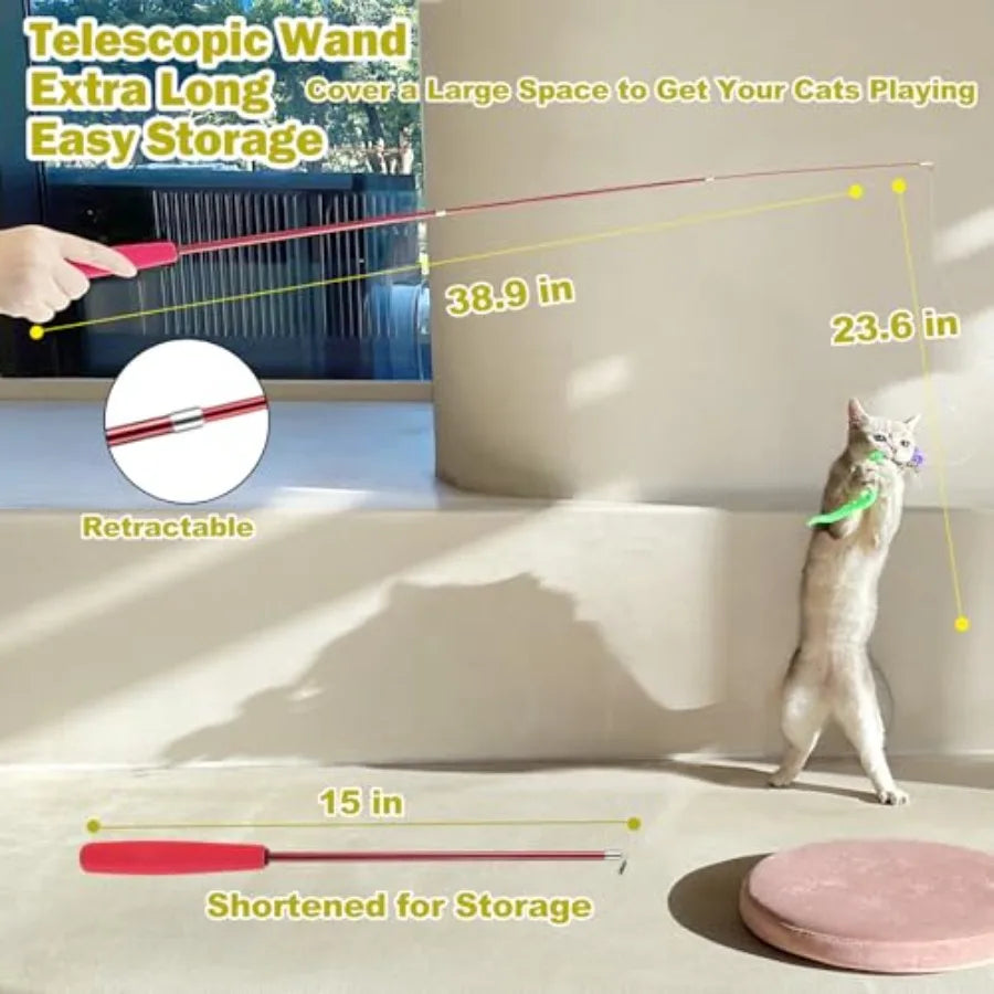 Cat Toys for Indoor Cats, Interactive Cat Toy 2PCS Retractable Wand Toy and 9PCS Cat Feather Toys Refills, Funny Kitten Toys Ca
