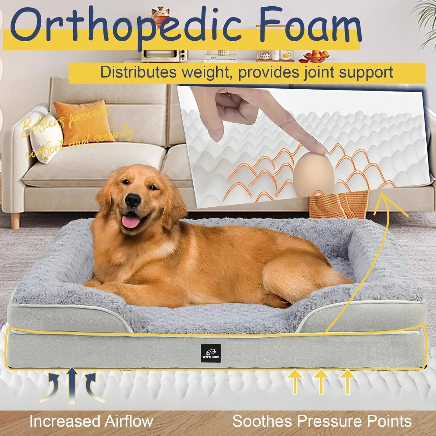 Orthopedic Dog Bed for Large Medium Dogs, Washable Memory Foam Pet Sofa with Removable Waterproof Cover (Grey, XL)