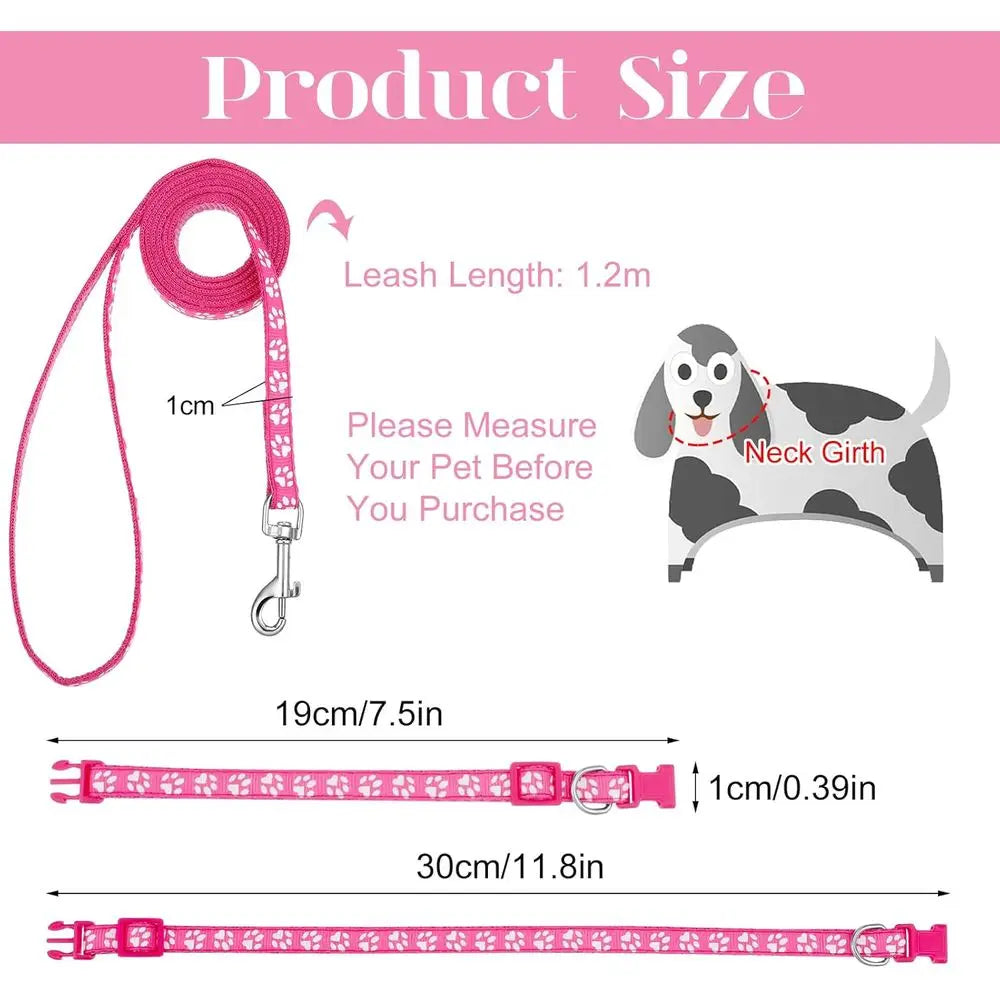 2 Packs Dog Collar and Leash Set, Adjustable Quick Release Buckle Paw Print Puppy Collar, Nylon Pet Collar for Small Dogs