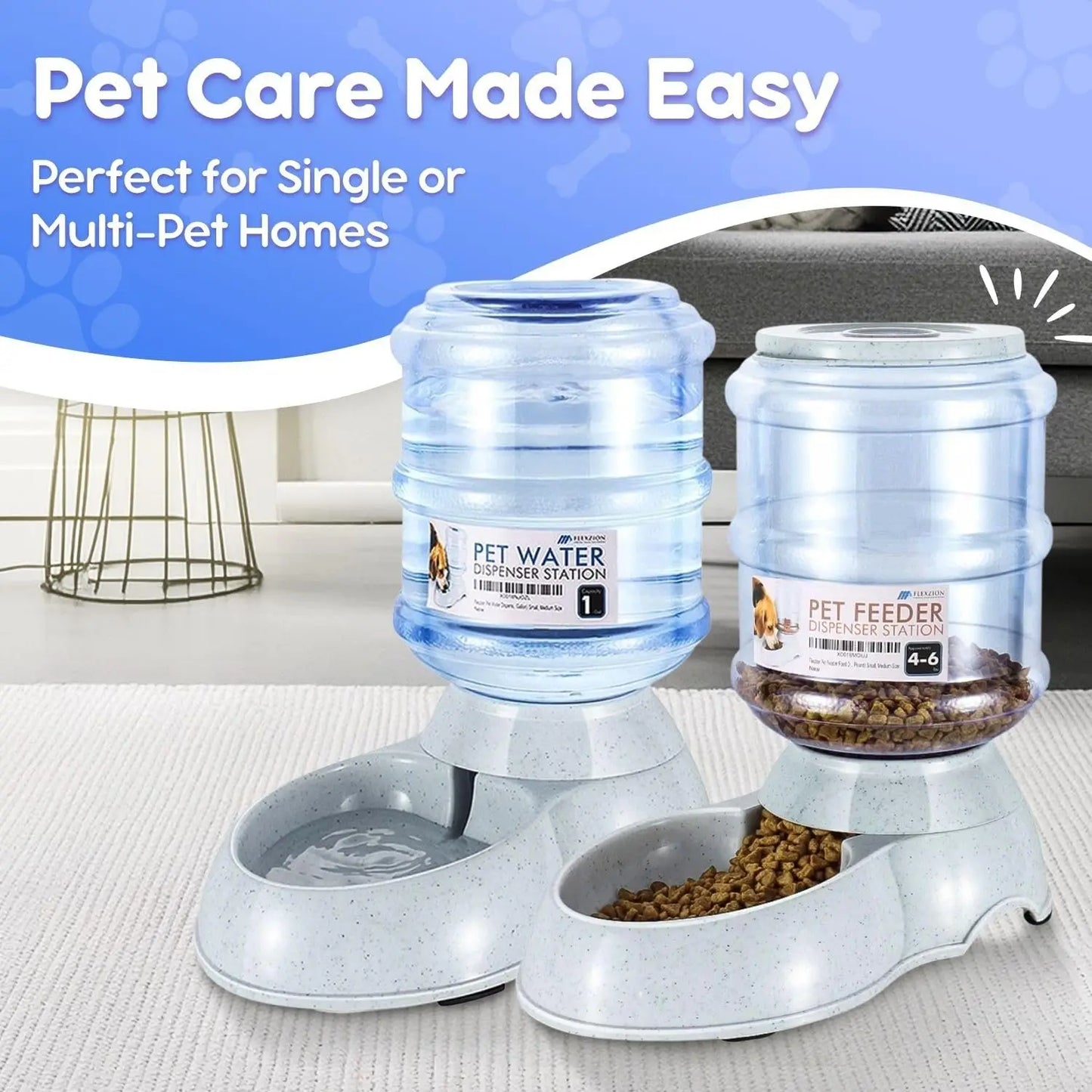 Automatic Pet Feeder and Waterer Set, Gravity Food & Water Dispenser with Skid-Proof Feet for Dogs and Cats