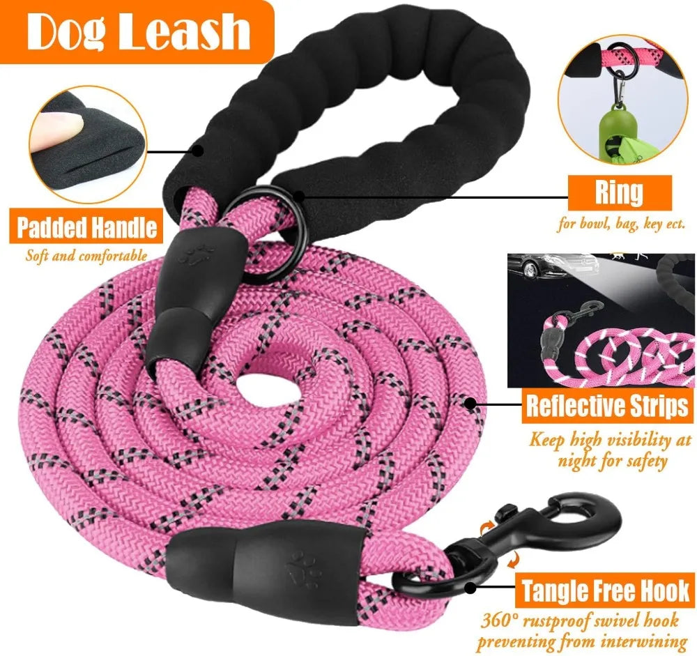 No Pull Dog Harness, Collar & Leash Set with Seat Belt, Bowls & Poop Bag Dispenser for Training, Walking, Hiking, Small to Large Dogs (Pink-L)