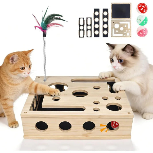 A Set Contains 10pcs Cat Nail File Enrichment Box, Interactive Scratch Puzzle Maze Toy W/ Cat Wand & 3 Bell Balls (Stress-Free N