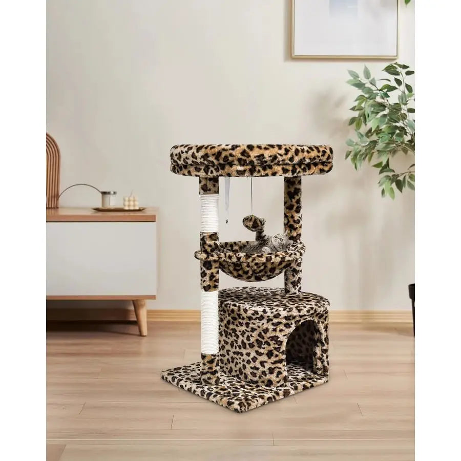 Small Leopard Print Cat Tree for Indoor Cats, Cat Tower with Scratching Post, Modern Cat House with Padded Perch, Kittens Condo