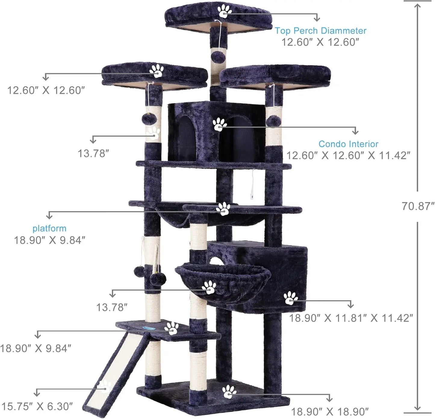 71-Inch XL Cat Tree with Multi-Level Perches, Scratching Posts, and Cozy Basket for Indoor Cats