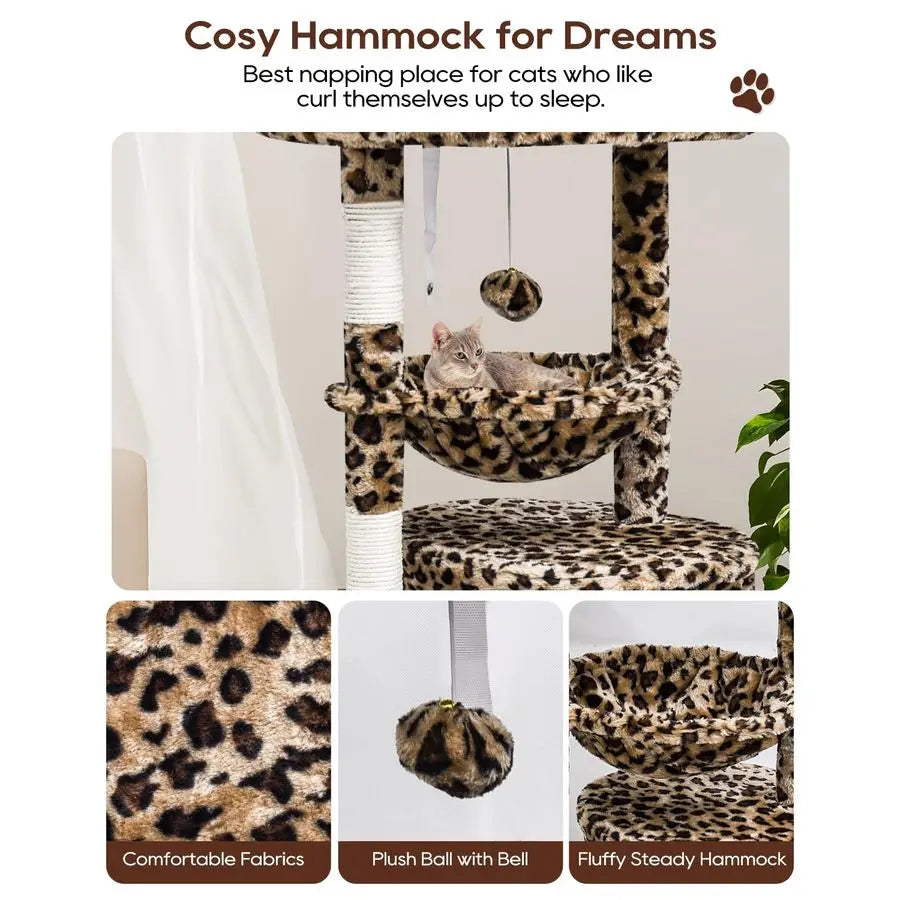 Small Leopard Print Cat Tree for Indoor Cats, Cat Tower with Scratching Post, Modern Cat House with Padded Perch, Kittens Condo