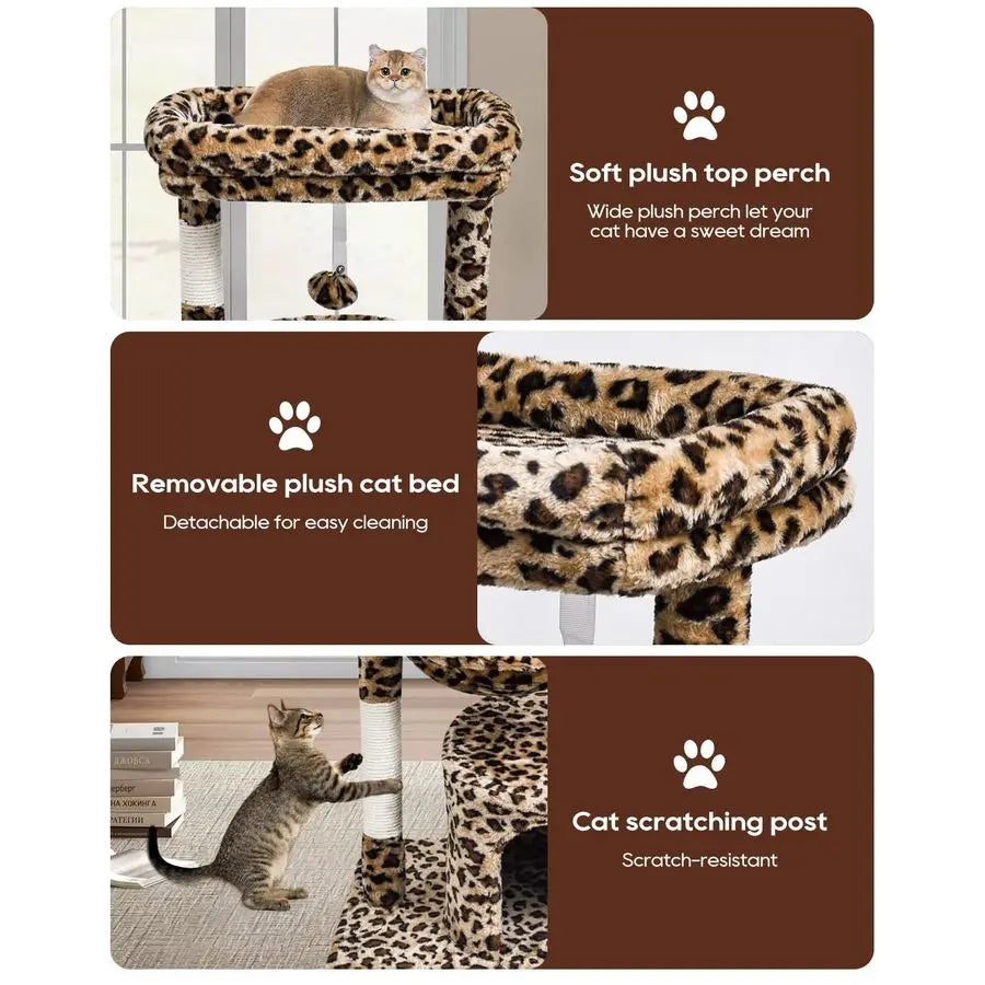 Small Leopard Print Cat Tree for Indoor Cats, Cat Tower with Scratching Post, Modern Cat House with Padded Perch, Kittens Condo