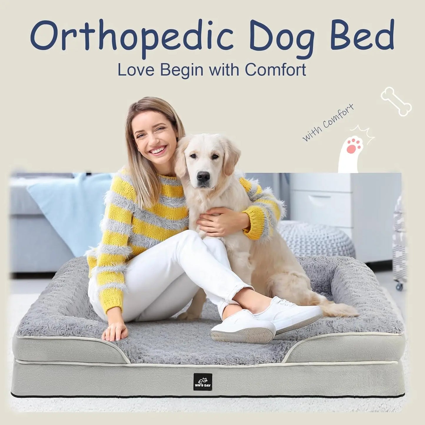 Orthopedic Dog Bed for Large Medium Dogs, Washable Memory Foam Pet Sofa with Removable Waterproof Cover (Grey, XL)