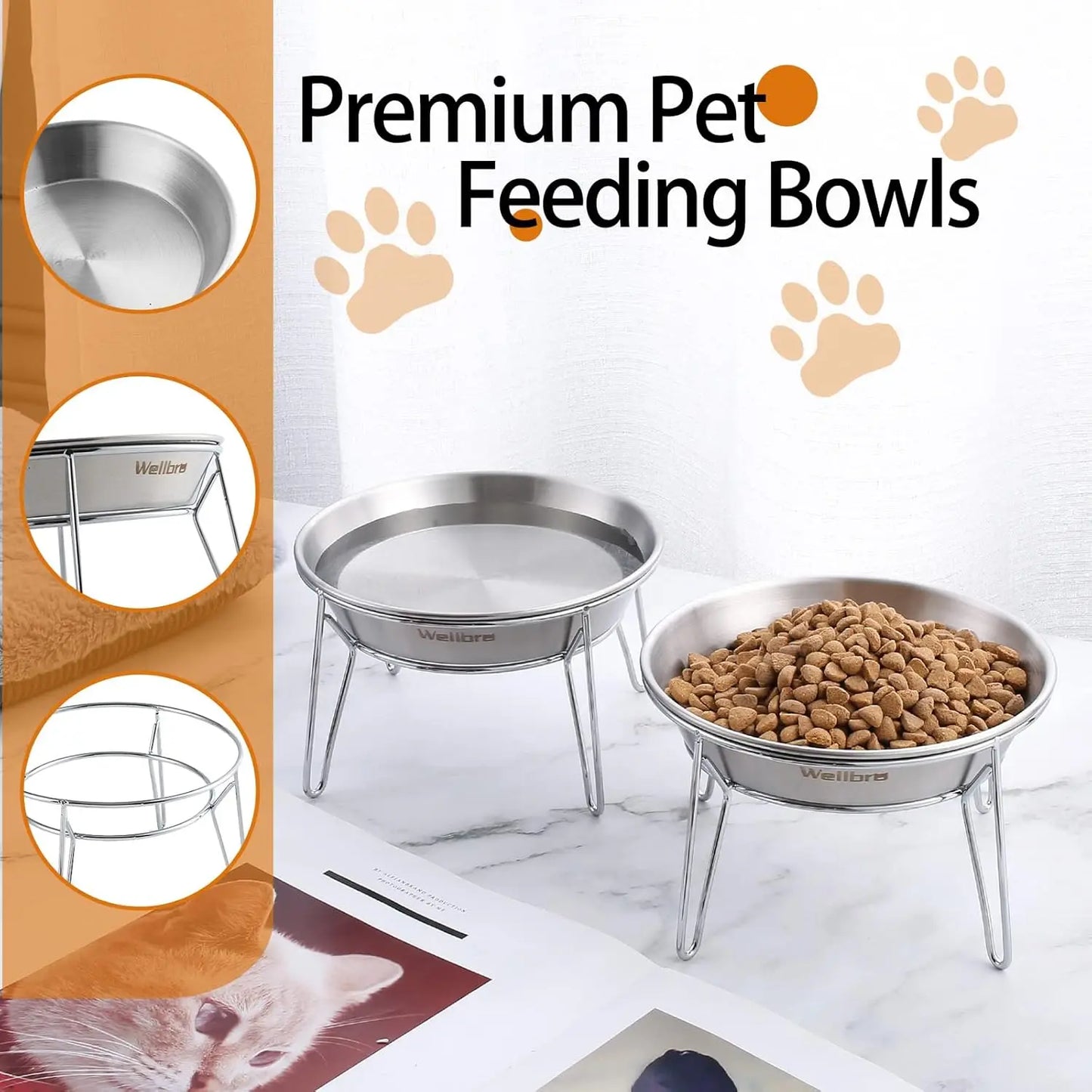 4-Pack Stainless Steel Raised Pet Bowls for Cats and Small Dogs, Anti-Whisker Fatigue, Easy Clean