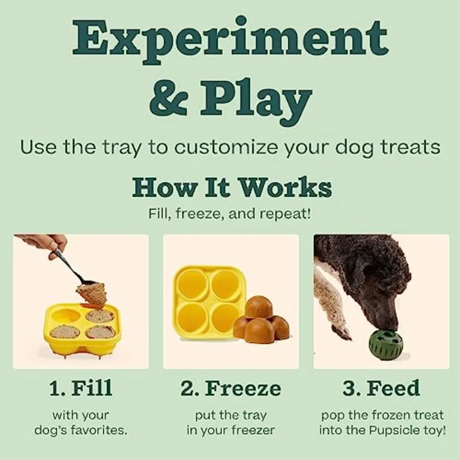 Pupsicle and Treat Tray - Long-Lasting Interactive Dog Ball Toy and Silicone Dog Treat Mold - Keep Your Pup Busy - Easy to Clea