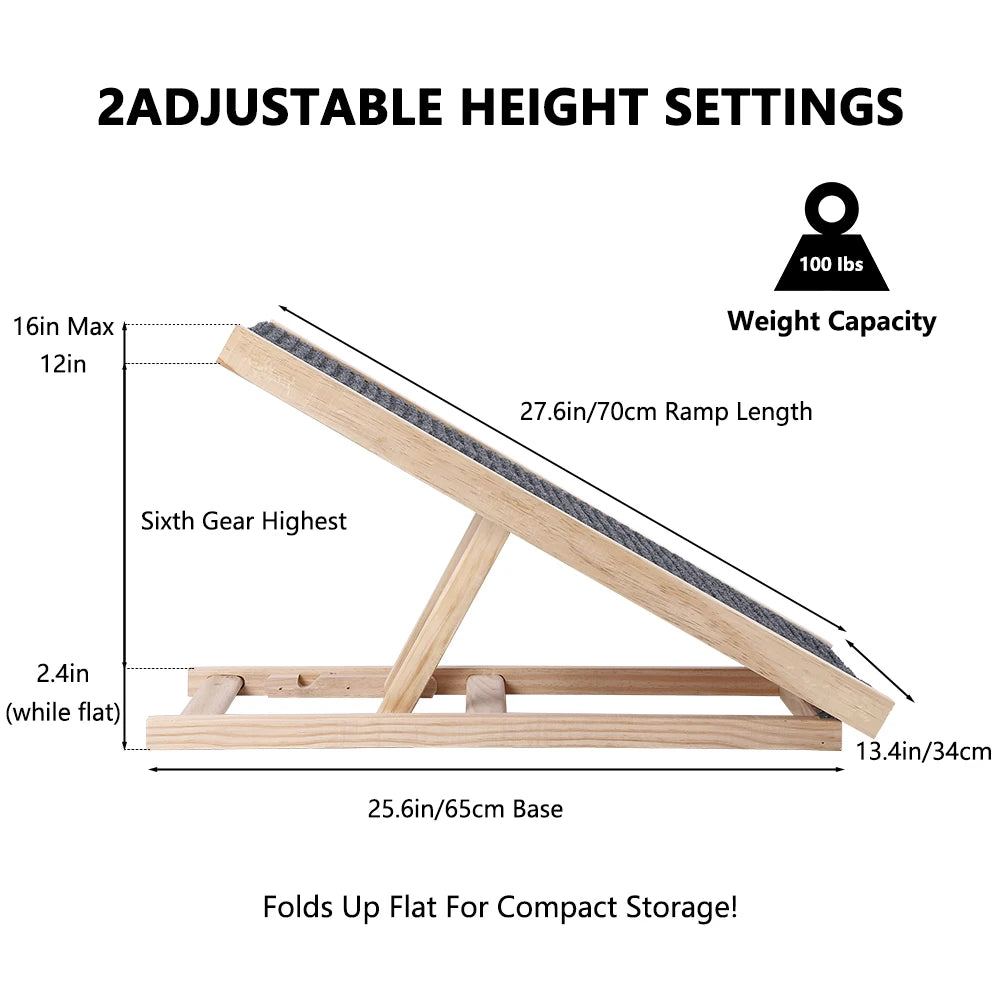 Dog Ramp Pet Wooden Ramp with Adjustable Height Folding Portable Ramp with Anti-Skid and Wear-Resistant Horizontal Slope Surface