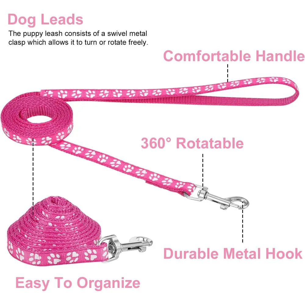 2 Packs Dog Collar and Leash Set, Adjustable Quick Release Buckle Paw Print Puppy Collar, Nylon Pet Collar for Small Dogs