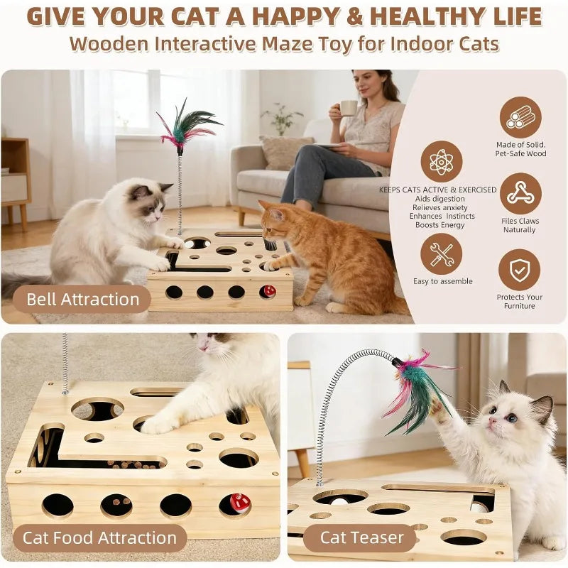 A Set Contains 10pcs Cat Nail File Enrichment Box, Interactive Scratch Puzzle Maze Toy W/ Cat Wand & 3 Bell Balls (Stress-Free N