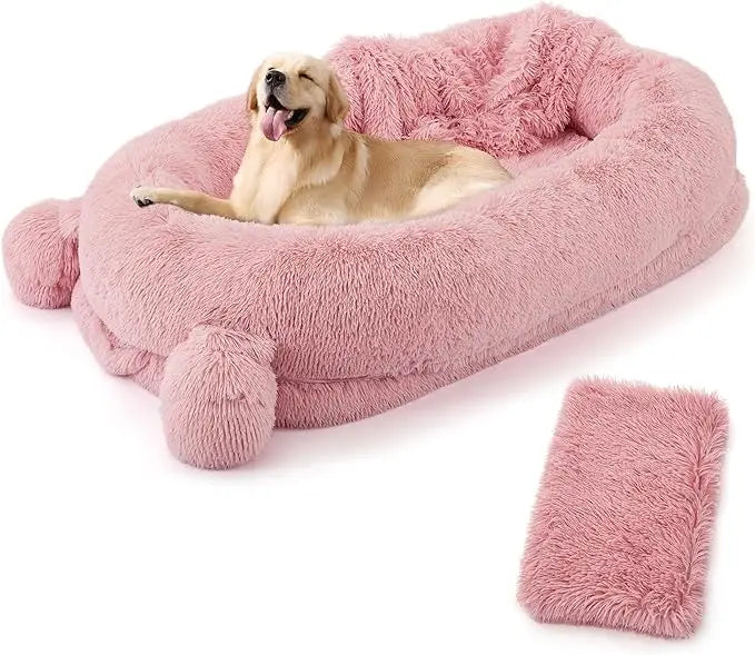 Portable Dog Bed with Removable Faux Fleece Cover/Matching Blanket, Large Washable Dog Mattress with 2 Storage Pockets