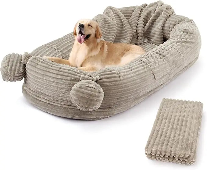 Portable Dog Bed with Removable Faux Fleece Cover/Matching Blanket, Large Washable Dog Mattress with 2 Storage Pockets