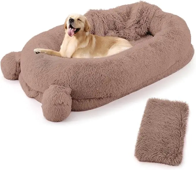 Portable Dog Bed with Removable Faux Fleece Cover/Matching Blanket, Large Washable Dog Mattress with 2 Storage Pockets