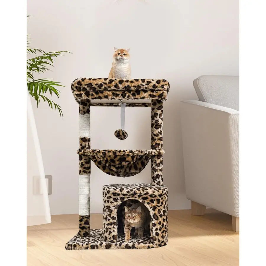 Small Leopard Print Cat Tree for Indoor Cats, Cat Tower with Scratching Post, Modern Cat House with Padded Perch, Kittens Condo