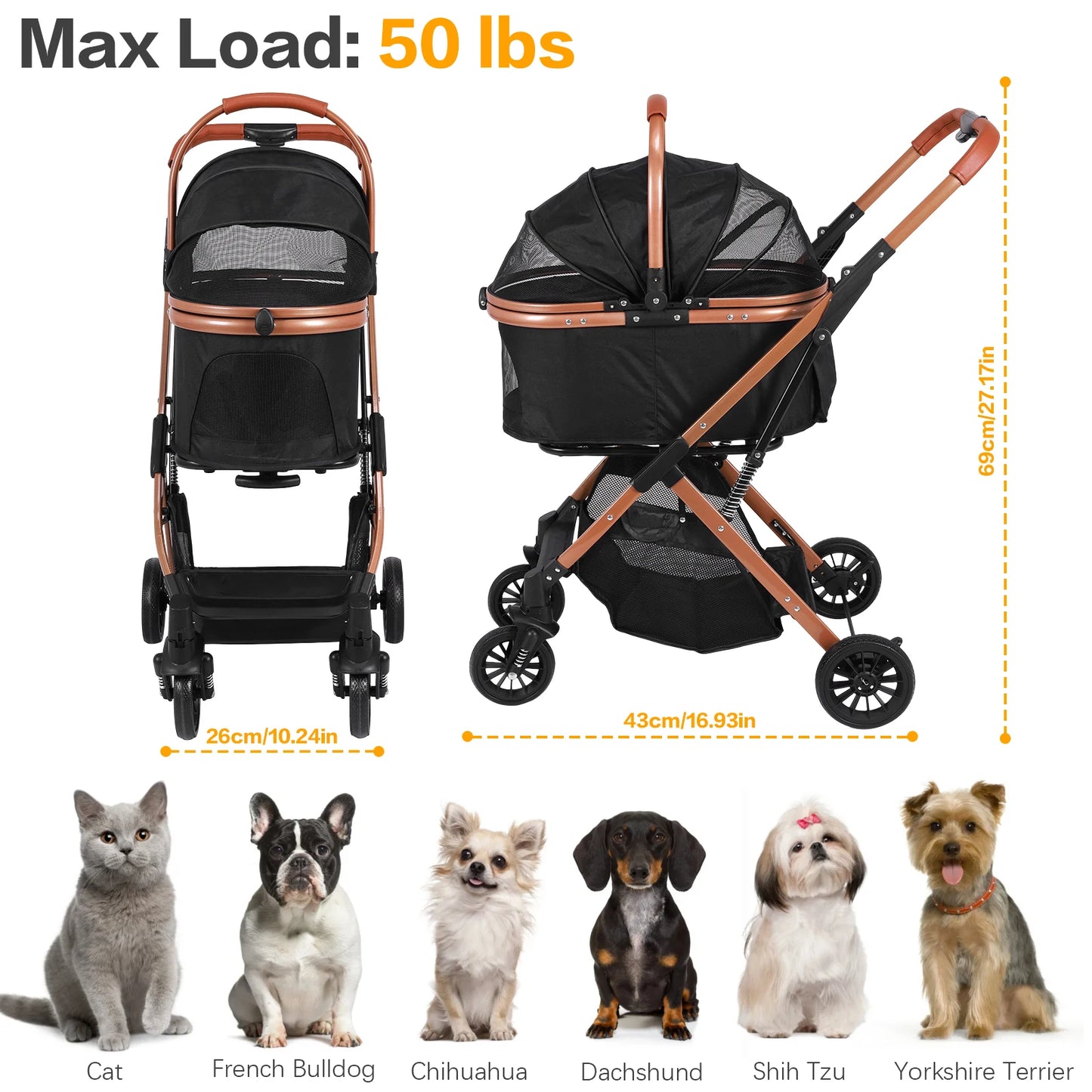 Puppy Cage Jogger Stroller All Terrain 4 Wheels Foldable Travel Jogger Foldable & Ventilated with Sun Shades for Jogging Running