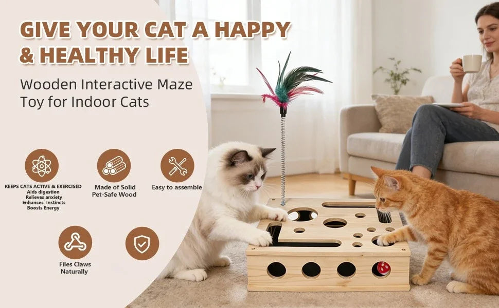 A Set Contains 10pcs Cat Nail File Enrichment Box, Interactive Scratch Puzzle Maze Toy W/ Cat Wand & 3 Bell Balls (Stress-Free N