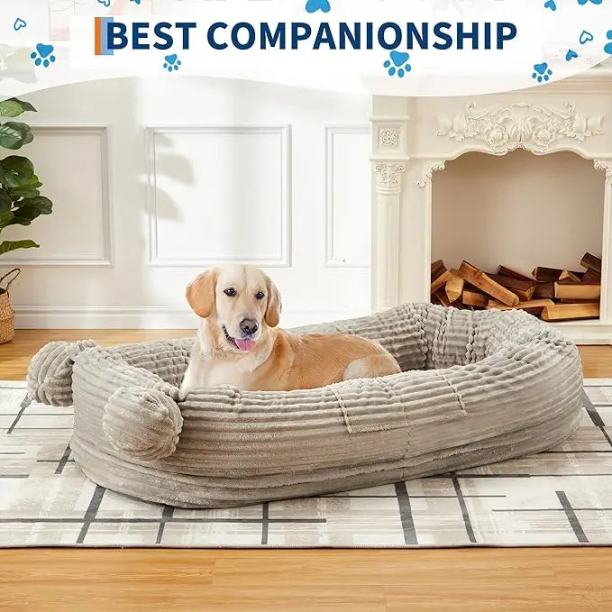 Portable Dog Bed with Removable Faux Fleece Cover/Matching Blanket, Large Washable Dog Mattress with 2 Storage Pockets
