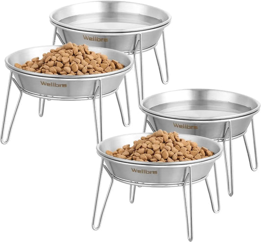 4-Pack Stainless Steel Raised Pet Bowls for Cats and Small Dogs, Anti-Whisker Fatigue, Easy Clean