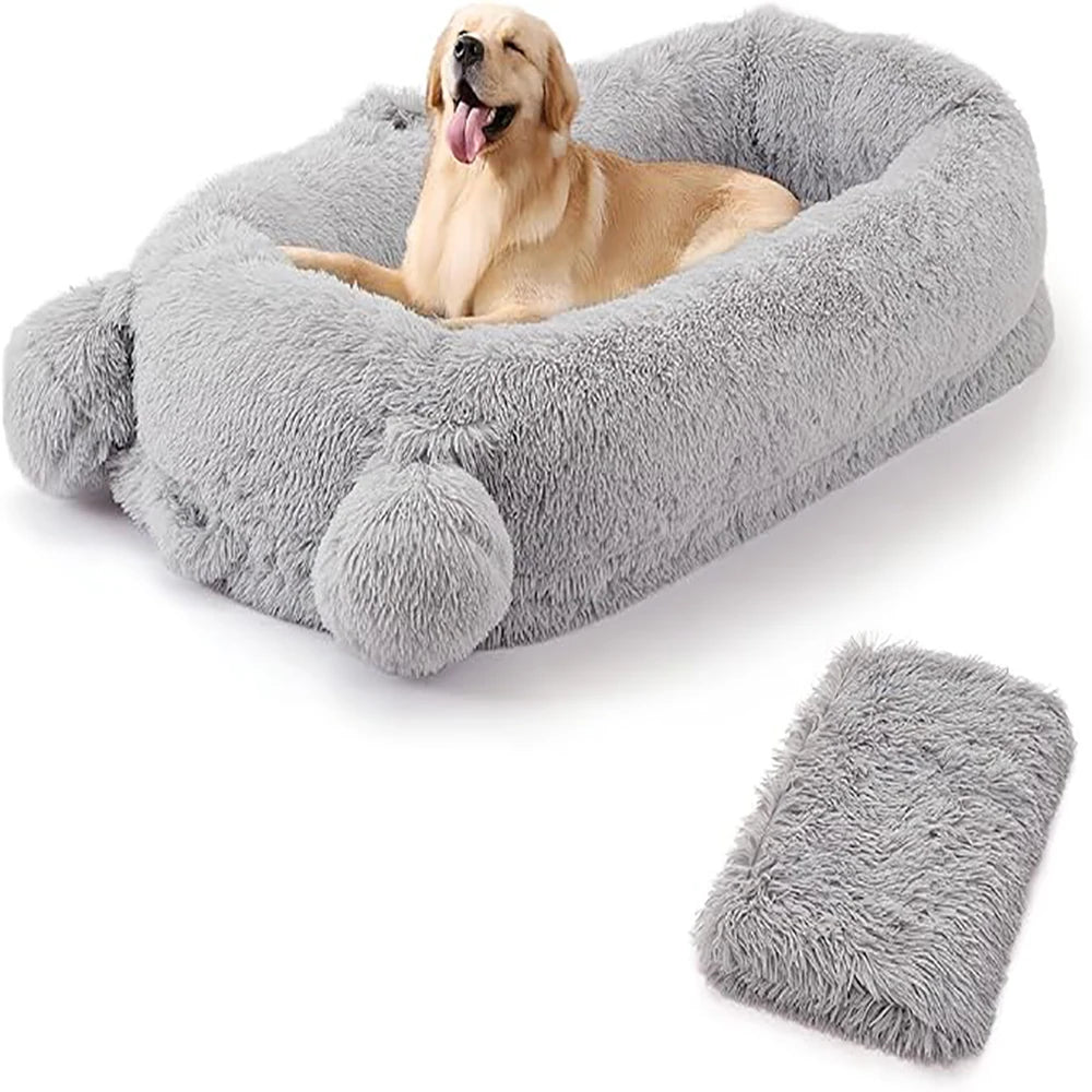 Portable Dog Bed with Removable Faux Fleece Cover/Matching Blanket, Large Washable Dog Mattress with 2 Storage Pockets