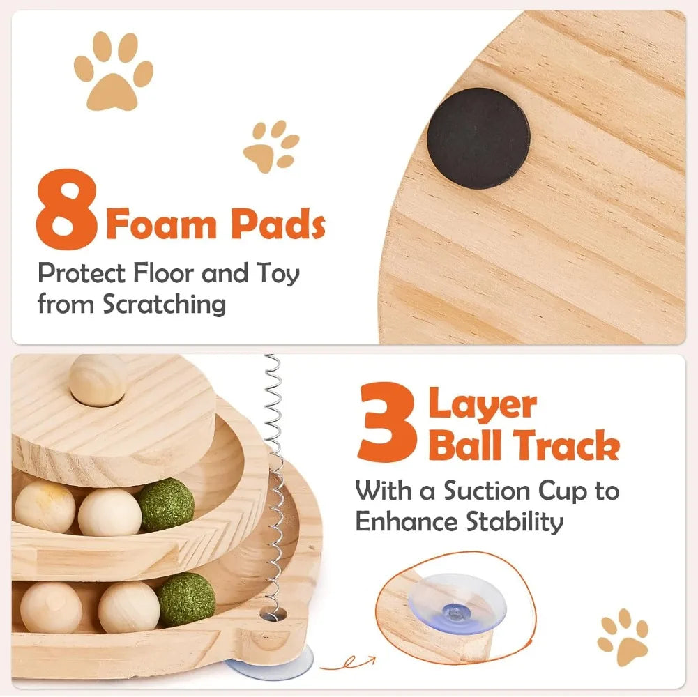 Sisal Cat Scratching Post for Indoor Cats with 2-Tier Ball Track, Interactive Kitten Toy Set with Teaser Wand and Rolling Balls