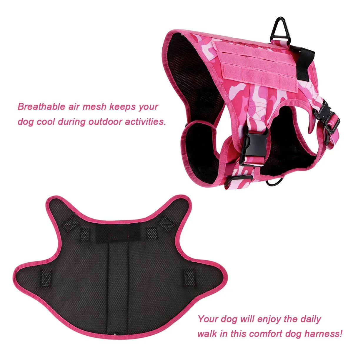 Pink Camo Dog Harness Service Dog Vest for Large Breed Dogs Adjustable Molle Vest Molle Vest with Patchs Hook and Loop Panel