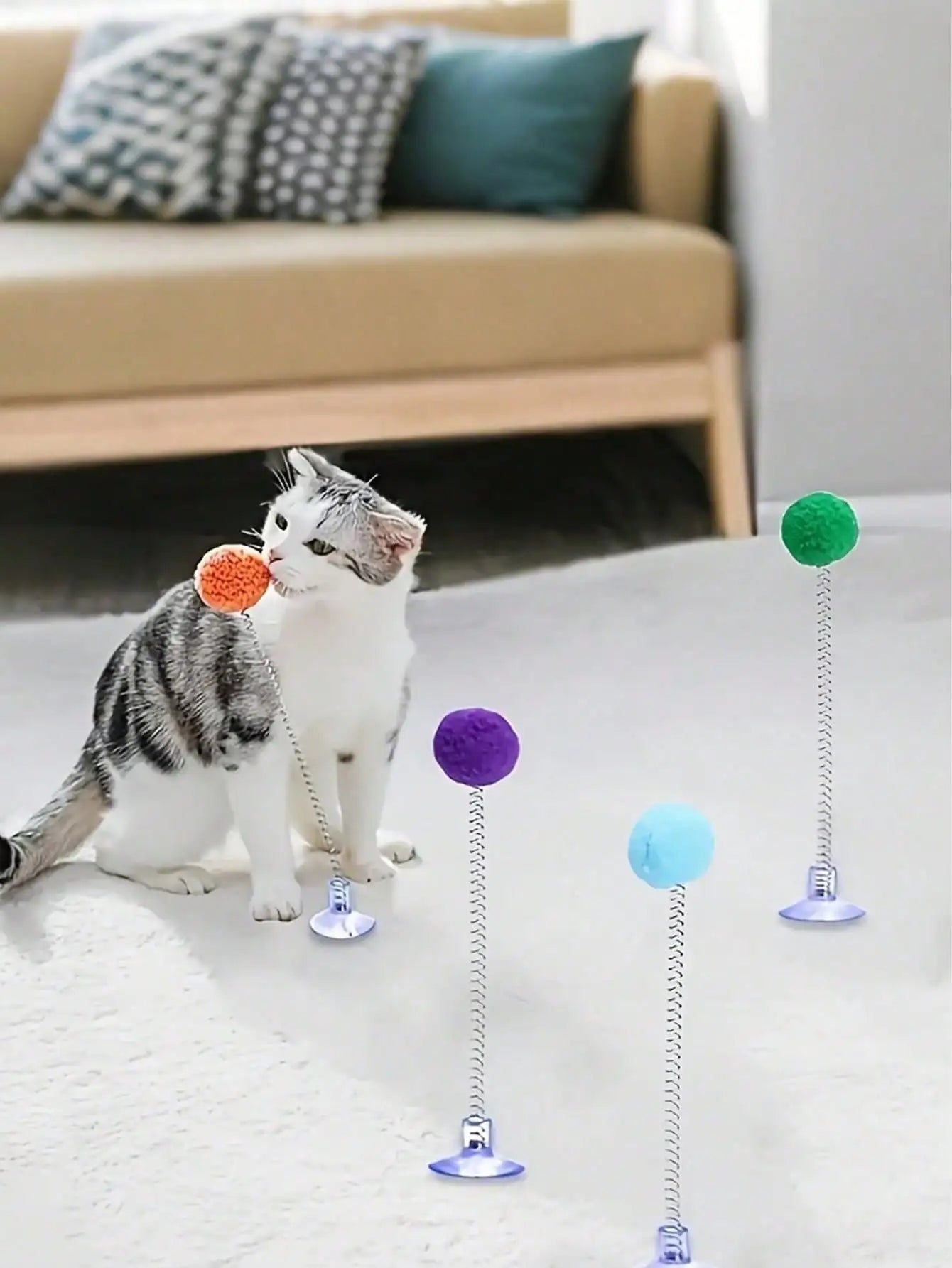 3/2/1pcs Interactive Cat Toys, Includes Plush Ball, Metal Spring Teaser Wand And Suction Cup Base, Bright Color Design, Battery-Free, Durable Design, Suitable For All Cat Breeds, Stimulates Hunting Instincts And Play Interest
