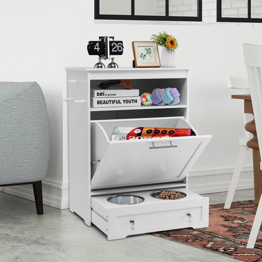 Pet Feeding Station Furniture w/ Double Pull Out Dog Bowl Food Cabinet White