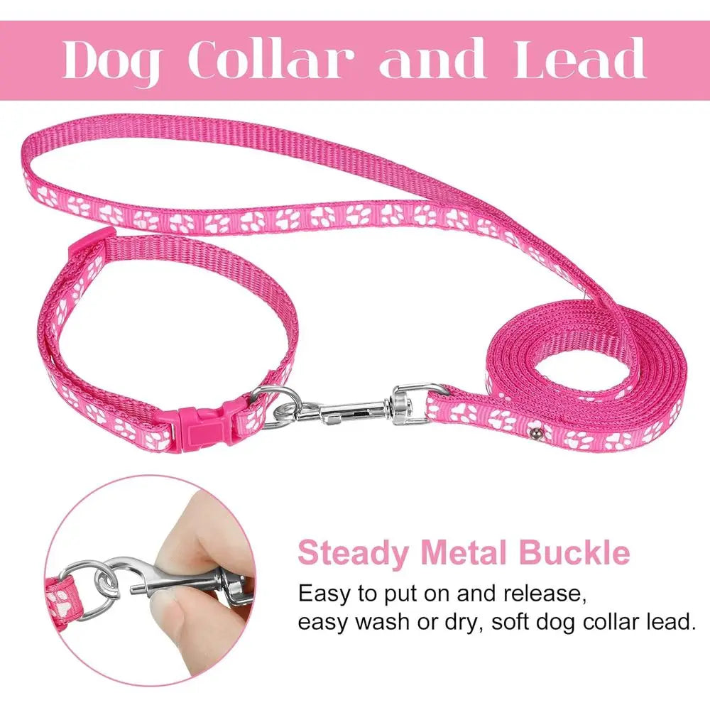 2 Packs Dog Collar and Leash Set, Adjustable Quick Release Buckle Paw Print Puppy Collar, Nylon Pet Collar for Small Dogs